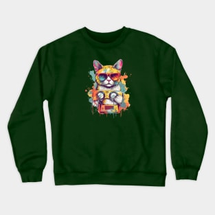 Playful cat wearing sunglasses and holding a boombox Crewneck Sweatshirt